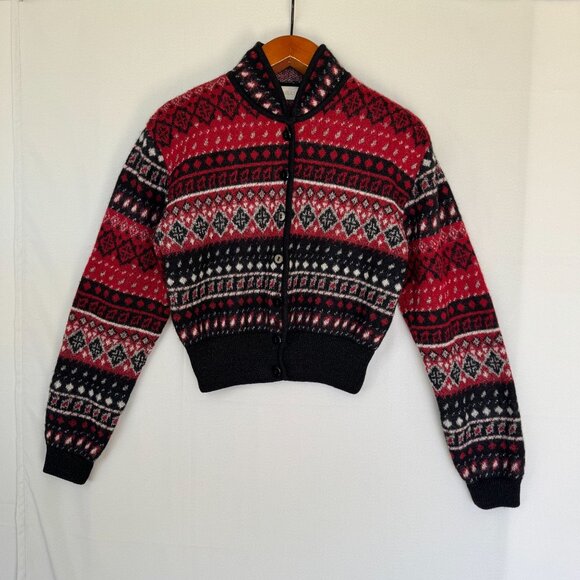 90s Vintage Dana Buchman Wool Mohair Blend Black Red Nordic Crop Cardigan Size M - Picture 1 of 15